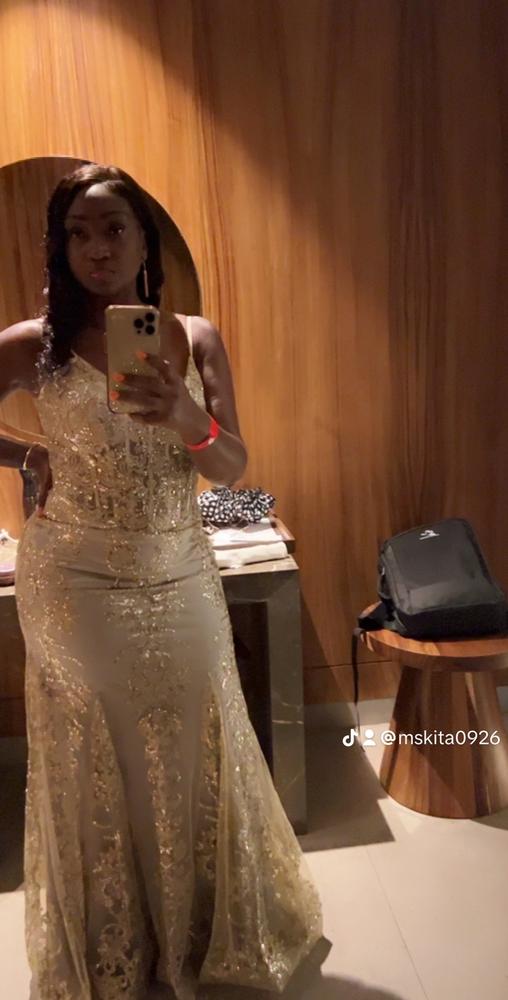 Shimmer Corset Bodice Mermaid Evening Gown- Gold Mist  Moda Glam Boutique