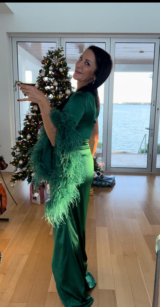 Ava Feather Trimmed Silk Gown- Emerald  Moda Glam Boutique