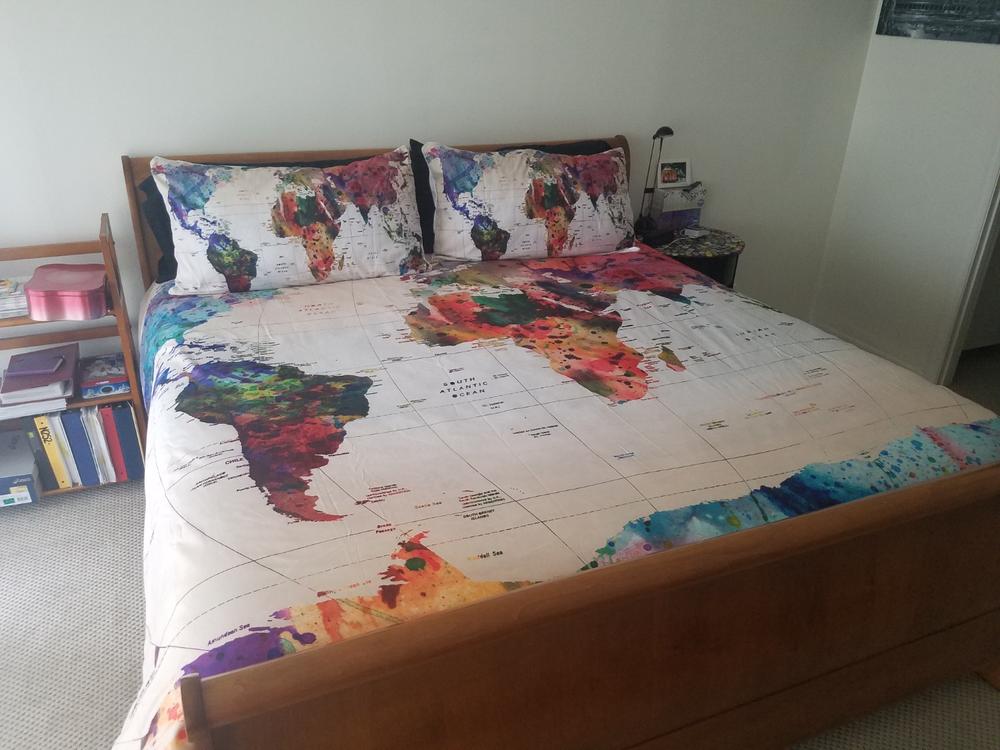 Watercolor World Map With Place Names Bedding Set - Customer Photo From Mary O.