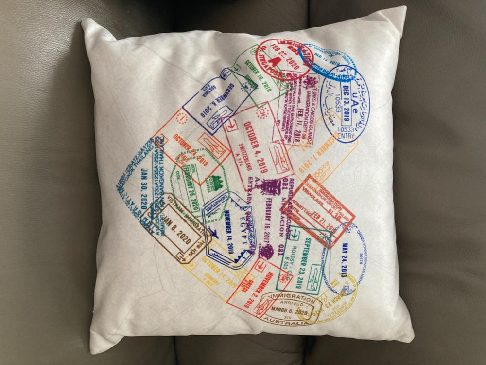 Passport Stamp Heart Personalized Pillow - Customer Photo From Brett Boyer