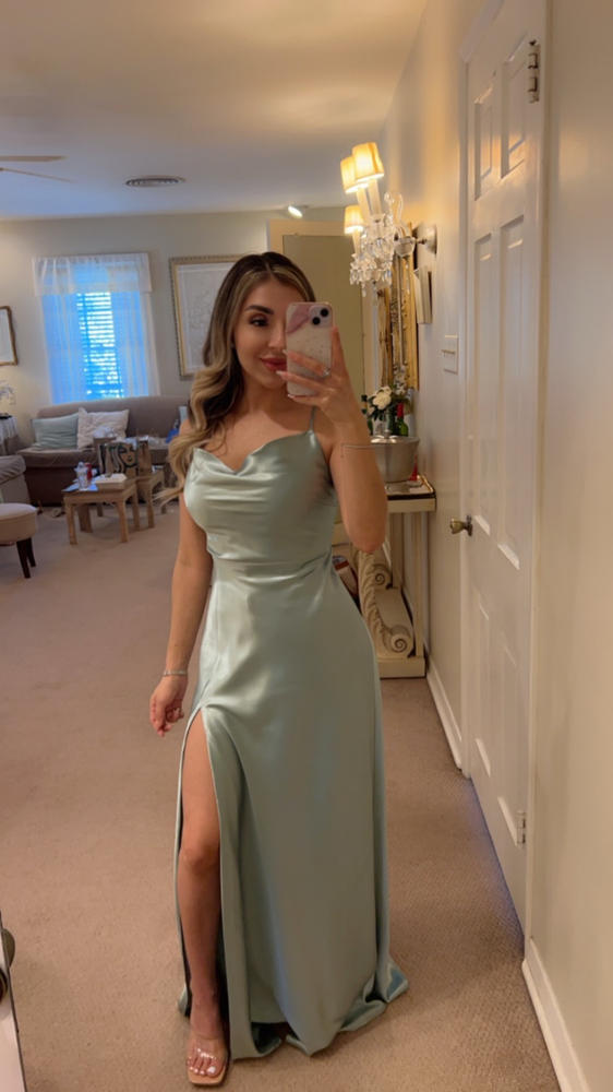 Lisa Long Satin Bridesmaid Dress in Dusty Blue