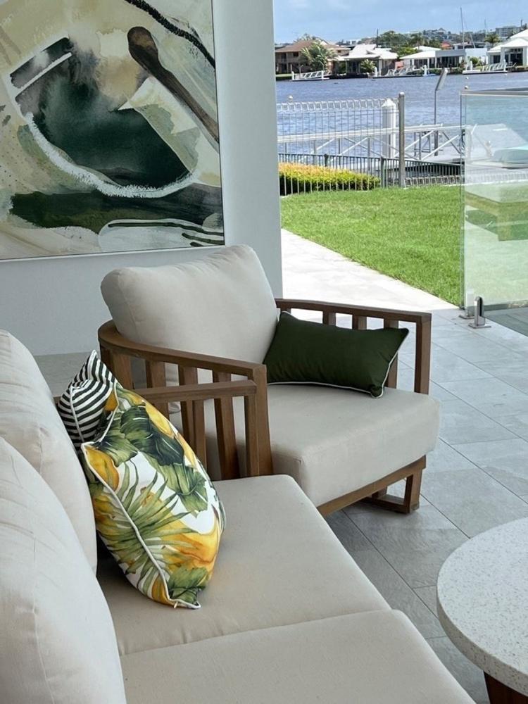 Airlie Olive Green Waterproof Striped Outdoor Cushion Cover - Customer Photo From Sarah Hay