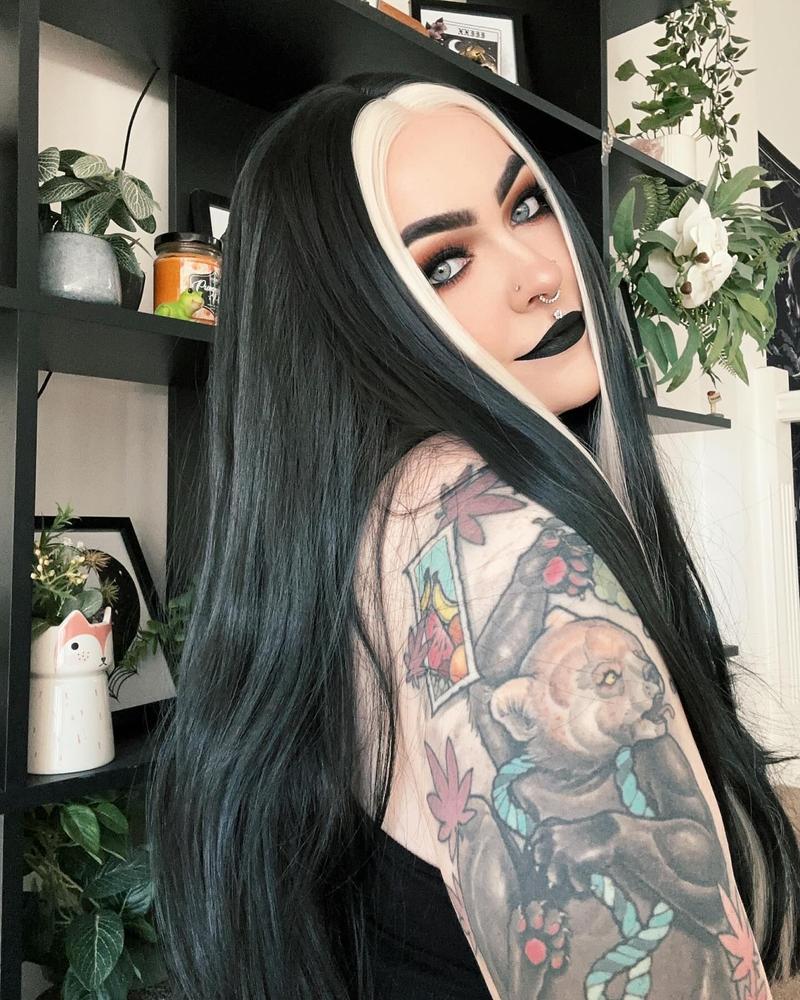 Middle Part Platinum Streaked Black Synthetic Lace Front Wig WW290 - Customer Photo From jacintajenner