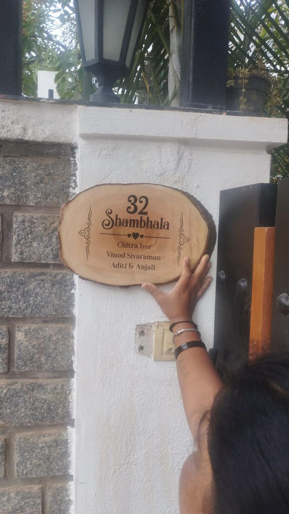 Rustic Natural Wooden Nameplate With Wood Bark | Live Edge Wood Sign - Customer Photo From Chitra Iyer