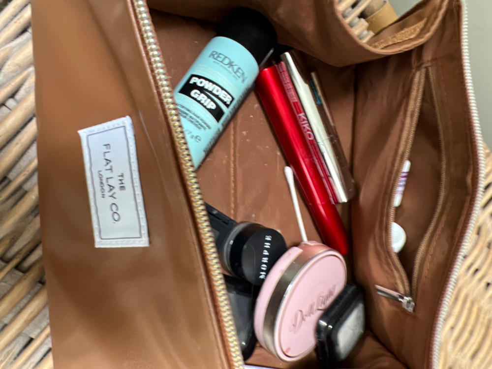 Monochrome Tan Leather Full Size Flat Lay Makeup Bag - Customer Photo From Johanne Keay