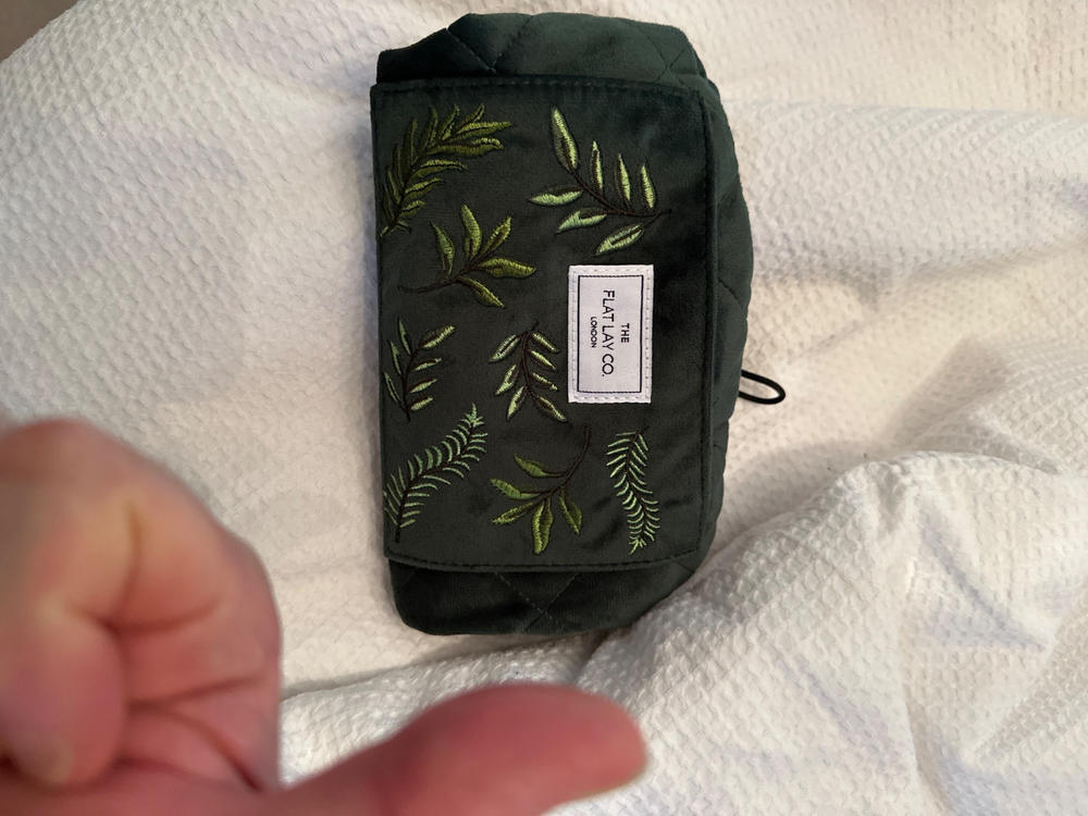 Drawstring Flat Lay Makeup Bag - Green Leaves Embroidered Velvet - Customer Photo From Neil Rutter