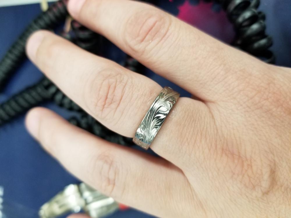 Titanium Ring with Hand engraved Hawaiian Designs (6mm width, Flat style) - Customer Photo From Michelle S.