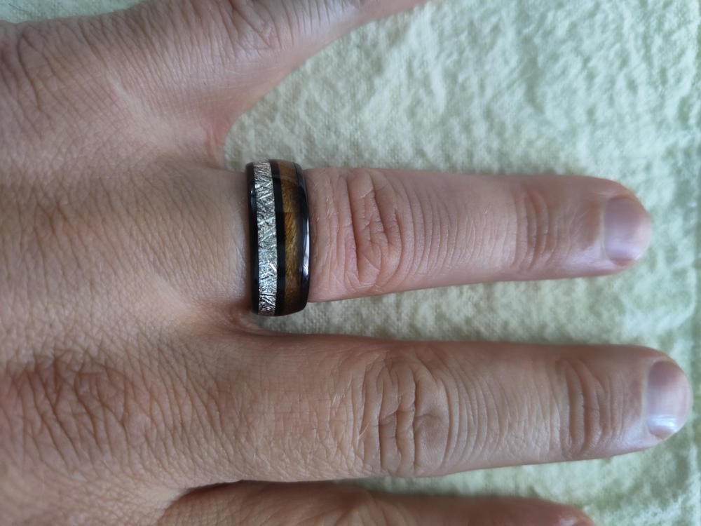 Meteorite Black Tungsten Ring with Koa Wood Inlay - Customer Photo From Jeremy Harder