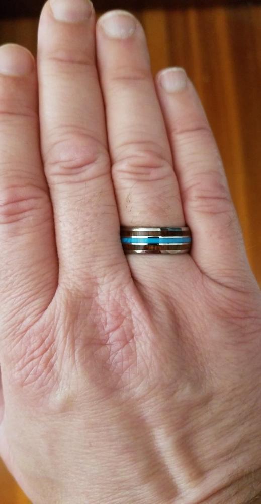 Tungsten Ring Turquoise & Koa Wood Inlay (8mm width, Dome style) - Customer Photo From Anne B.