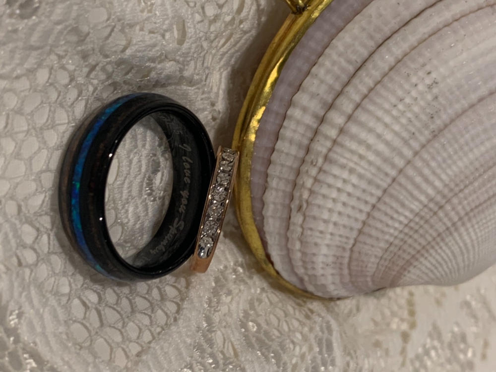 Opal Black Tungsten Ring with Koa Wood Inlay - Customer Photo From Cherie B.