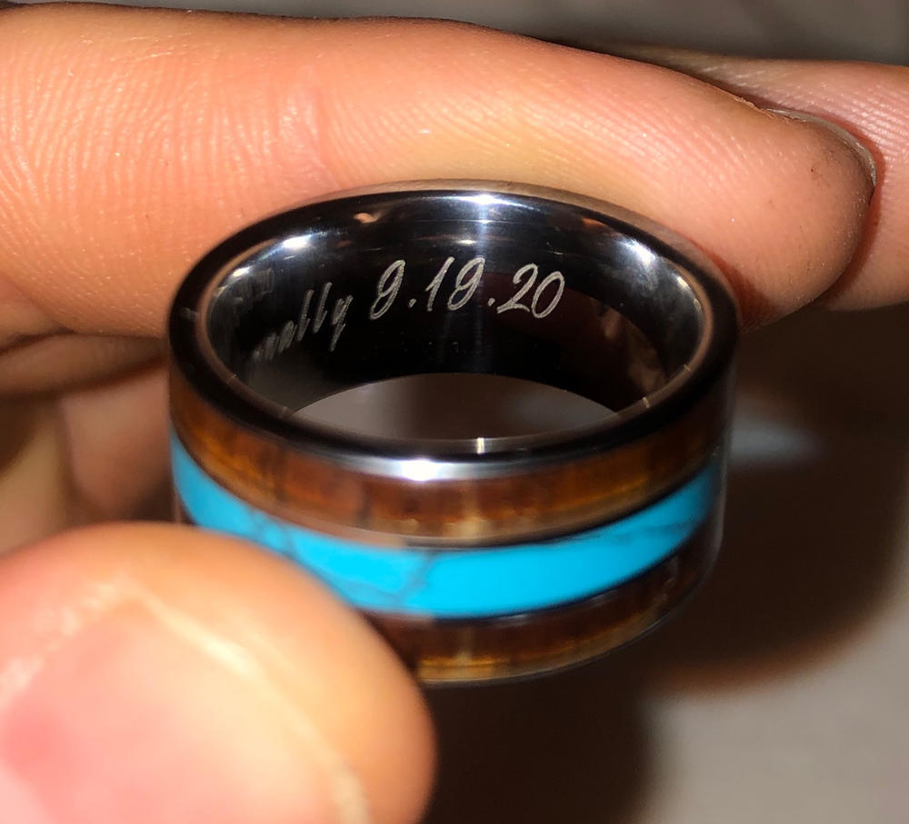 Tungsten Ring with Turquoise And Koa Wood Inlay (10mm width, Flat style) - Customer Photo From Kasandra P.