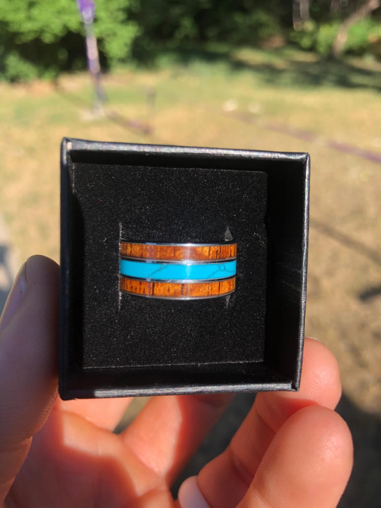 Tungsten Ring with Turquoise And Koa Wood Inlay (10mm width, Flat style) - Customer Photo From Kasandra P.
