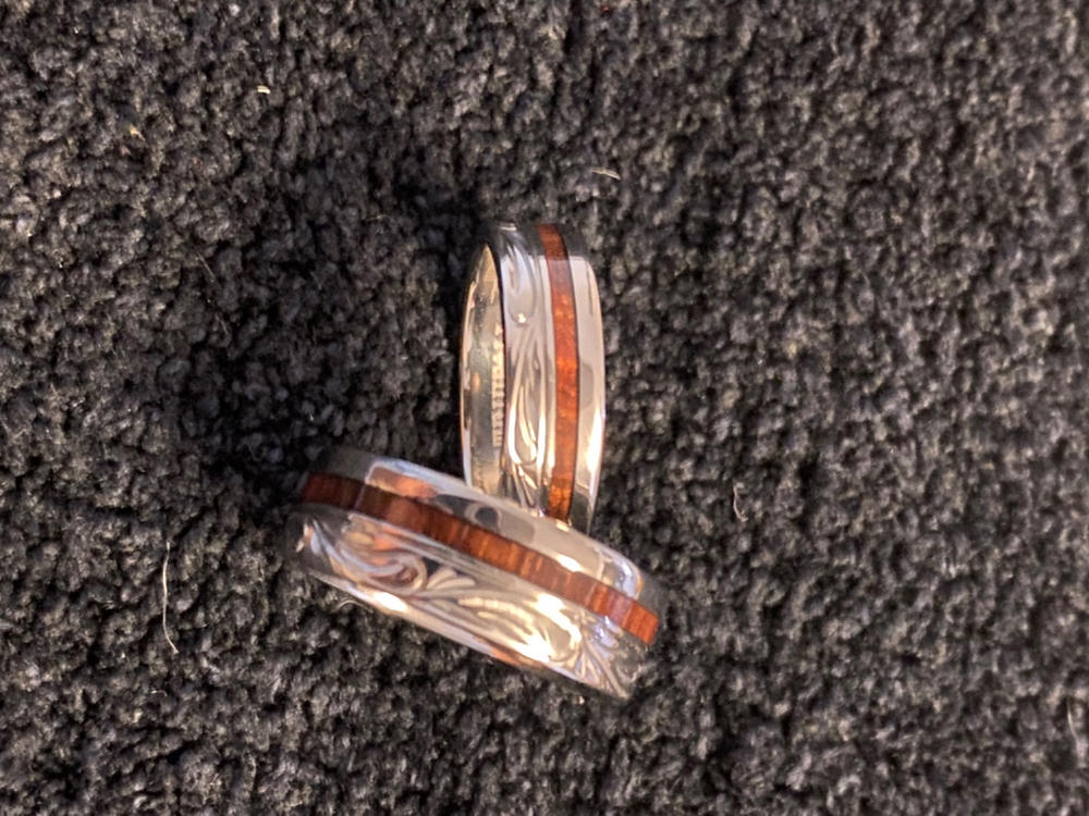 Titanium Wedding Ring Set with Hawaiian Koa Wood Inlay (6mm - 8mm Width, Flat Style) - Customer Photo From Mariangely Gonzalez