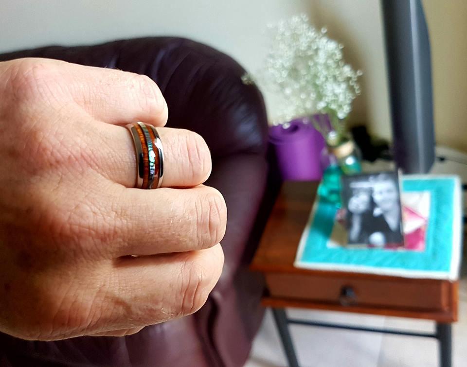 Abalone and Koa Wood Inlay Tungsten Ring (6mm - 8mm Width, Barrel style) - Customer Photo From Russell O.