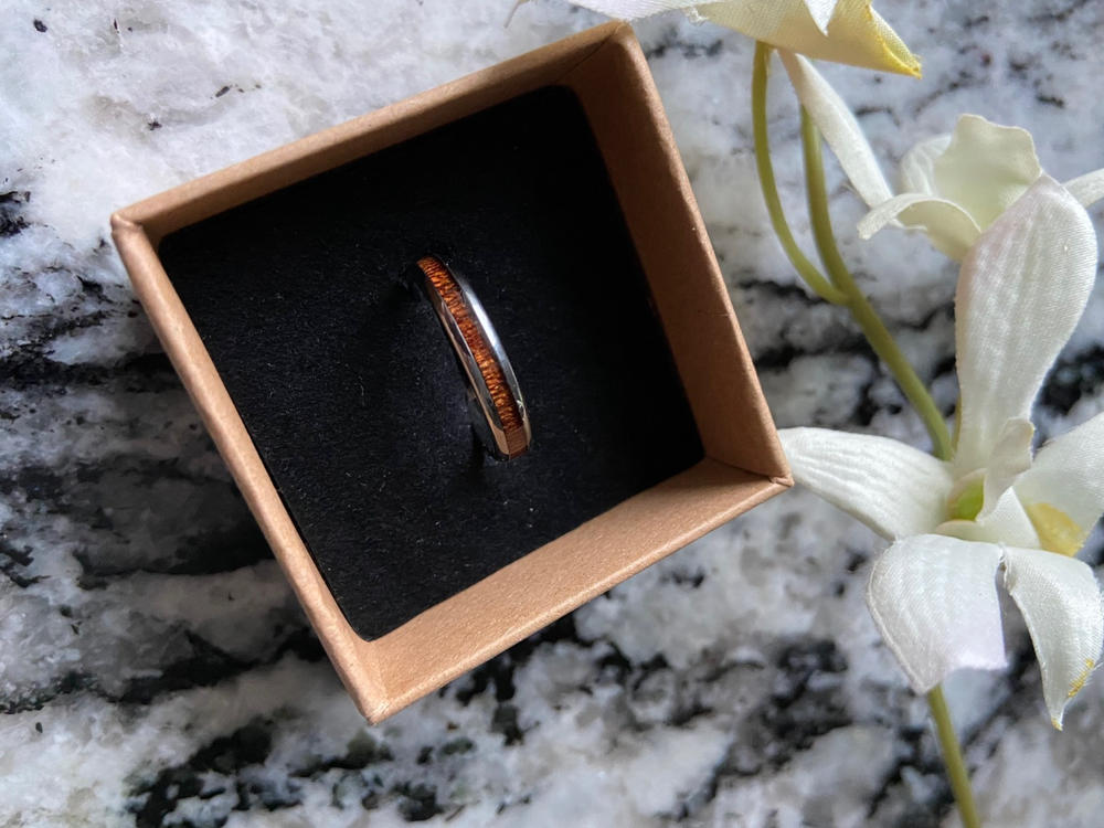 Koa Wood Tungsten Ring with Koa Wood Inlay (4mm width,Barrel style) - Customer Photo From Lorelie C.