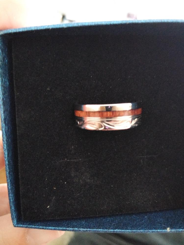 Ceramic Ring with Hawaiian Koa Wood (6mm - 8 mm width, Barrel Style) - Customer Photo From Carissa C.
