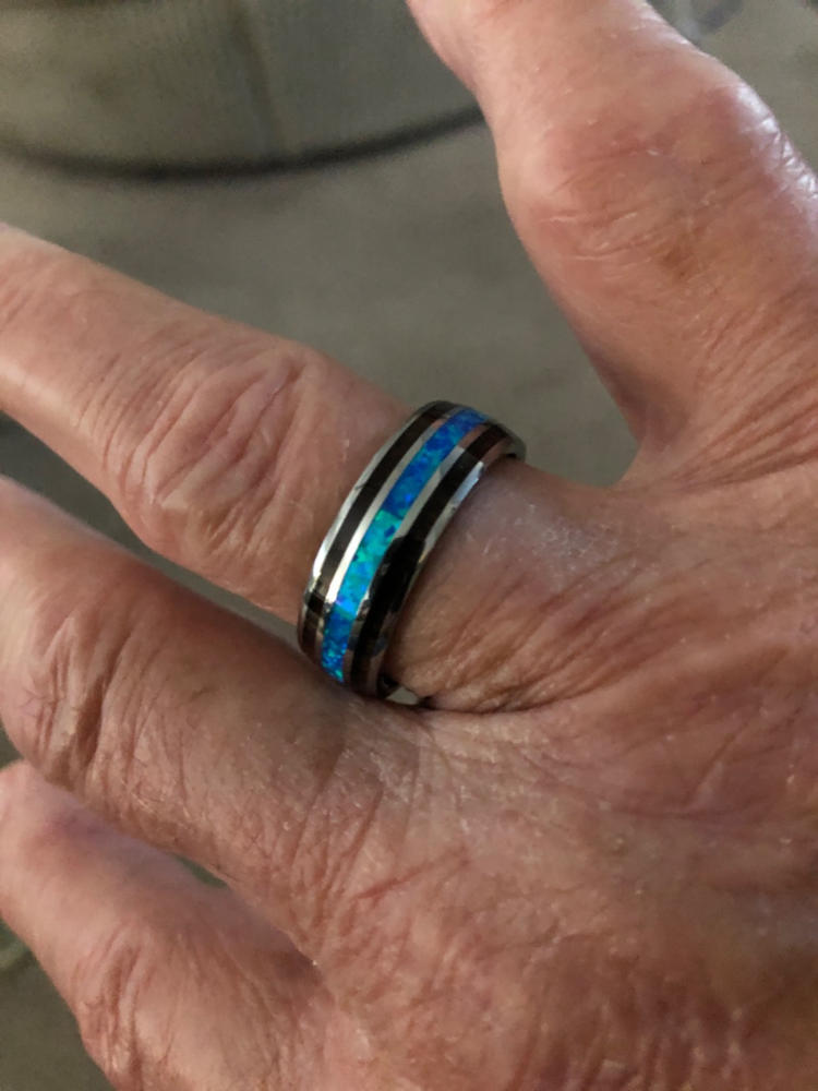 Tungsten Opal Ring With Koa Wood Inlay (8mm Width, Barrel style) - Customer Photo From Kenneth W.