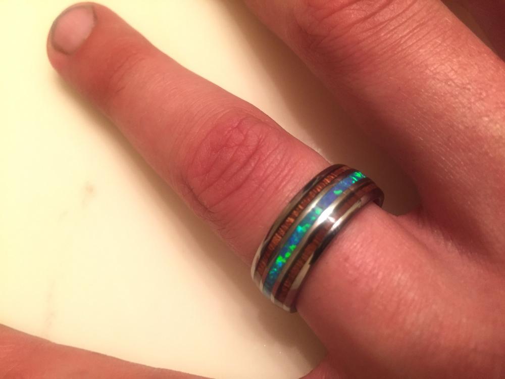 Tungsten Opal Ring With Koa Wood Inlay (8mm Width, Barrel style) - Customer Photo From James H.