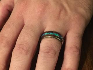 Tungsten Opal Ring With Koa Wood Inlay (8mm Width, Barrel style) - Customer Photo From Joanna B.