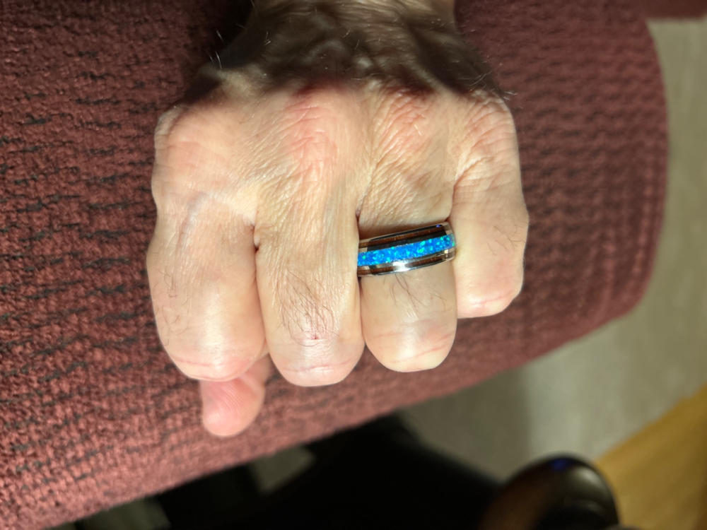 Tungsten Opal Ring With Koa Wood Inlay (8mm Width, Barrel style) - Customer Photo From Phillip Baker