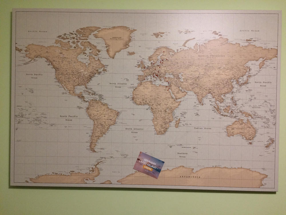 Pasaulio žemėlapis su smeigtukais - Senovinis rudas/melsvas (Detalus) - Didžiausias (150×100 cm) €197 - Customer Photo From Lina Barškėtienė