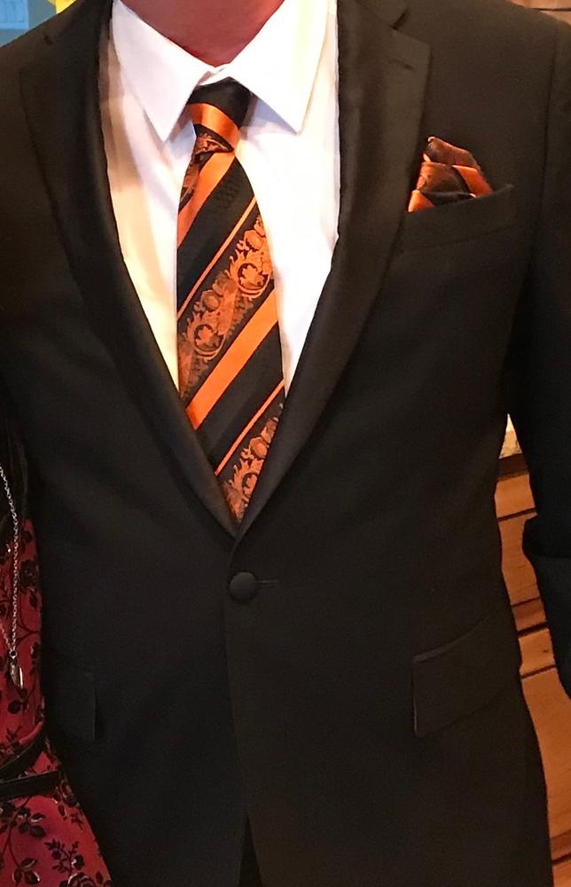 Fiery Orange and Black Silk Tie and Pocket Square - Customer Photo From George Dempsey