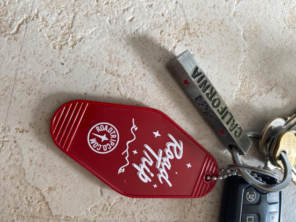 Road Trip Vintage Hotel Key Style Keychain - Customer Photo From Krista Brettell