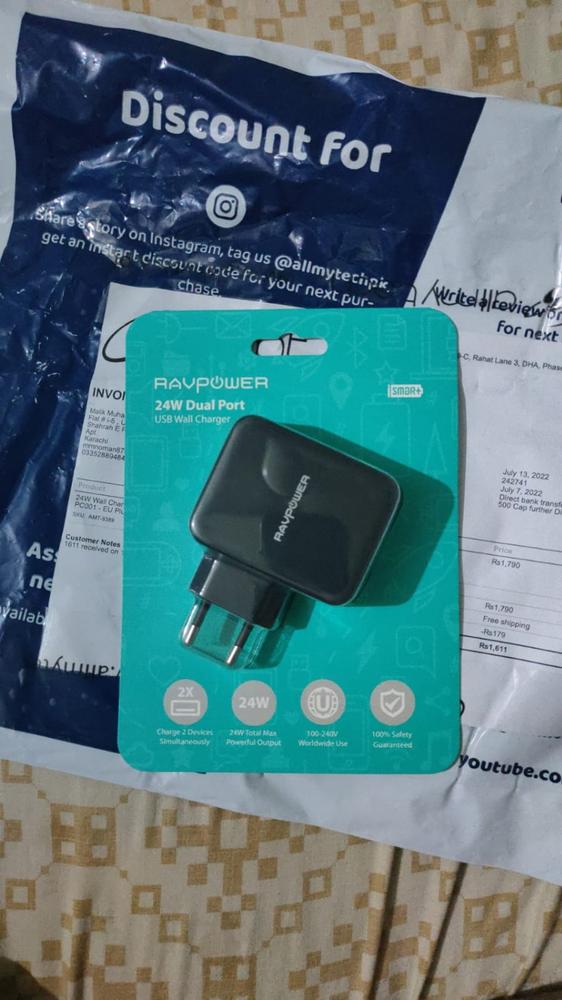 24W Wall Charger upto 2.4A Output by RAVPower Fast USB Charger Adapter  - Black - RP-PC001 - EU Plug - Customer Photo From Malik Muhammad Noman