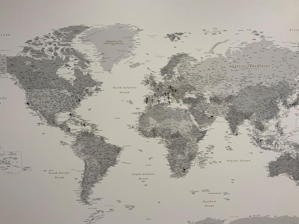 Push Pin World Map - Grey (Detailed) - Customer Photo From RAQUEL TORRES