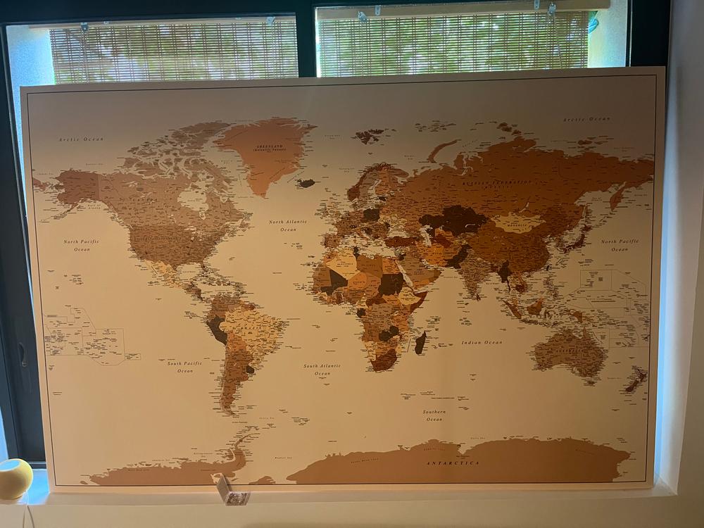 Push Pin World Map - Brown (Detailed) - Customer Photo From Myriam