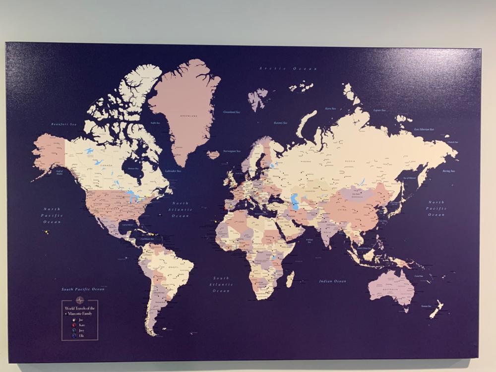 World Push Pin Map - Violet - Customer Photo From Kate Marcotte
