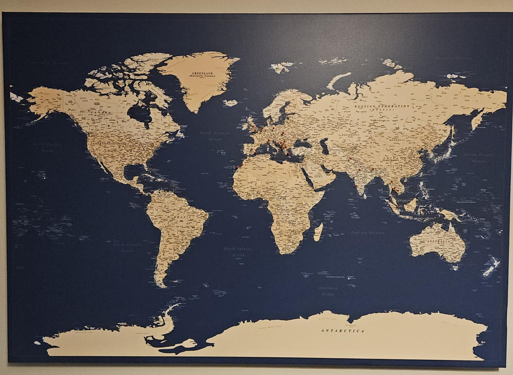 Push Pin World Map - Dark Blue (Detailed) - Customer Photo From David Stuart