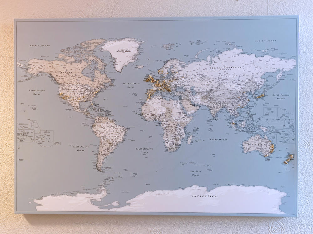 Push Pin World Map - Mellow Blue (Detailed) - Customer Photo From Chantal Harding