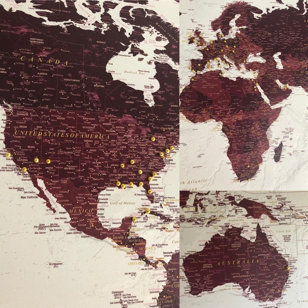 Push Pin World Map - Burgundy (Detailed) - Customer Photo From Maureen Doherty