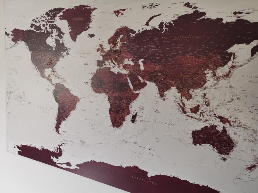Push Pin World Map - Burgundy (Detailed) - Customer Photo From Mimi Roug