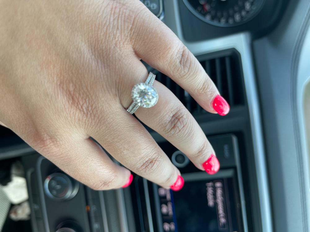 Oval Moissanite and Diamond Halo Bridal Rings Set 2 3/8 CTW 14k White Gold - Customer Photo From Raven C.