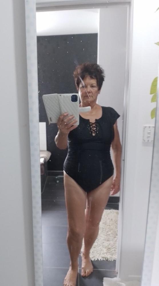 Black Short Sleeve Tie Front One Piece - Customer Photo From Jackie Snookes