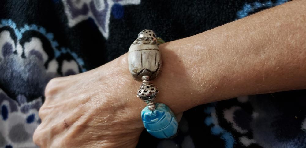 Huge Faience Scarabs Sterling Silver Bracelet - Customer Photo From Deborah W.