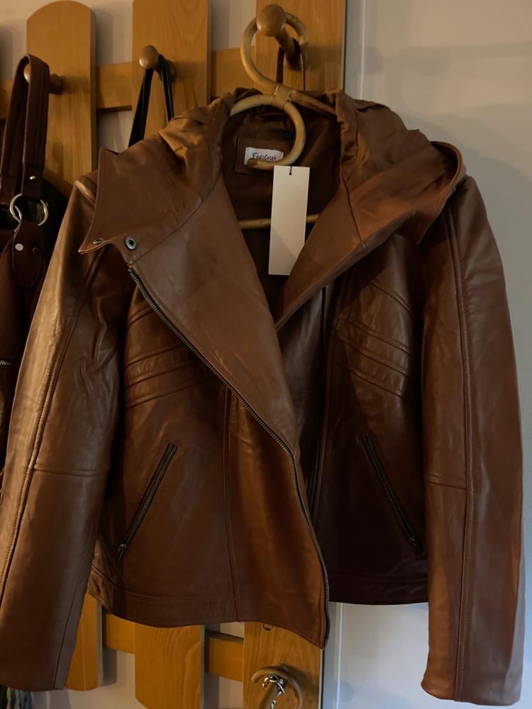 Sasha High Fashion Womens Hooded Leather Jacket - Customer Photo From Carla G.