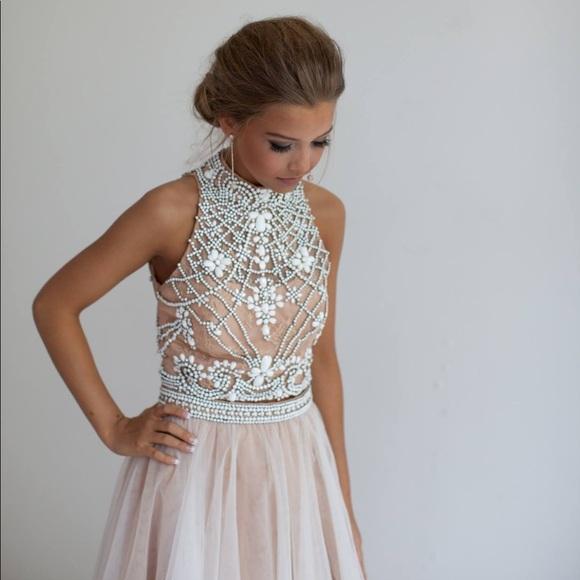 Beading Two Piece High Neck Open Back Champagne Tulle Prom Dress with