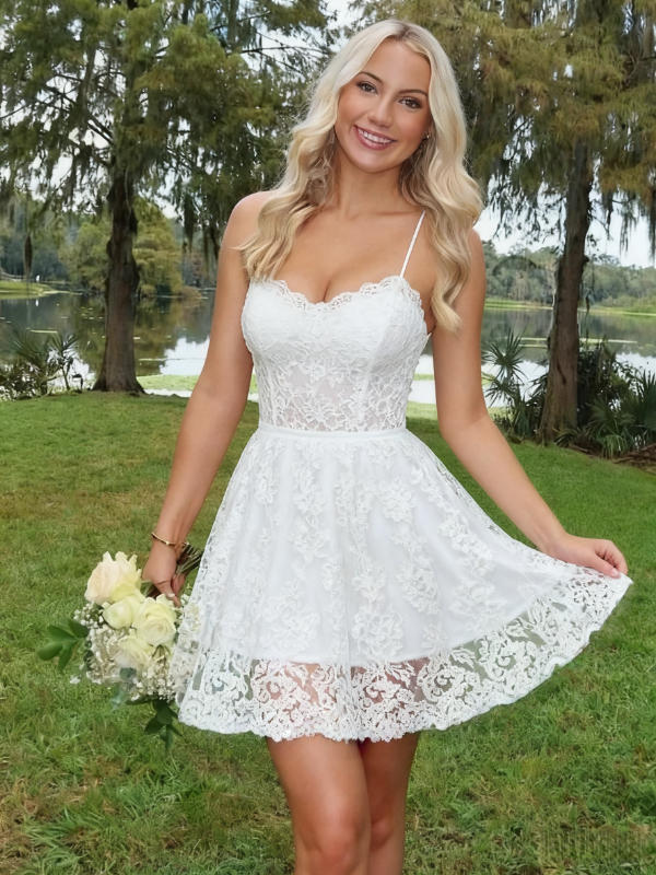 Shop Cheap Tulle Spaghetti Straps White Lace Short A-line Homecoming Dress Shop Cheap Tulle Spaghetti Straps White Lace Short A-line Homecoming Dress
