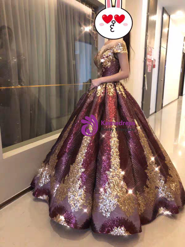 Purple Ball Gown Sequins Cap Sleeve Backless Sweet 16 Prom Dress
