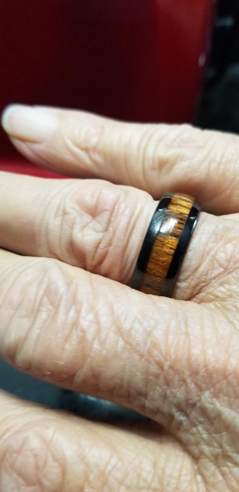 Glen - Dark Maple Wood & Fishing Line Wedding Ring Black Zirconium