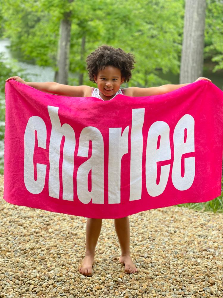 PERSONALIZED SOLID BOLD BEACH TOWEL - Customer Photo From Caitlin