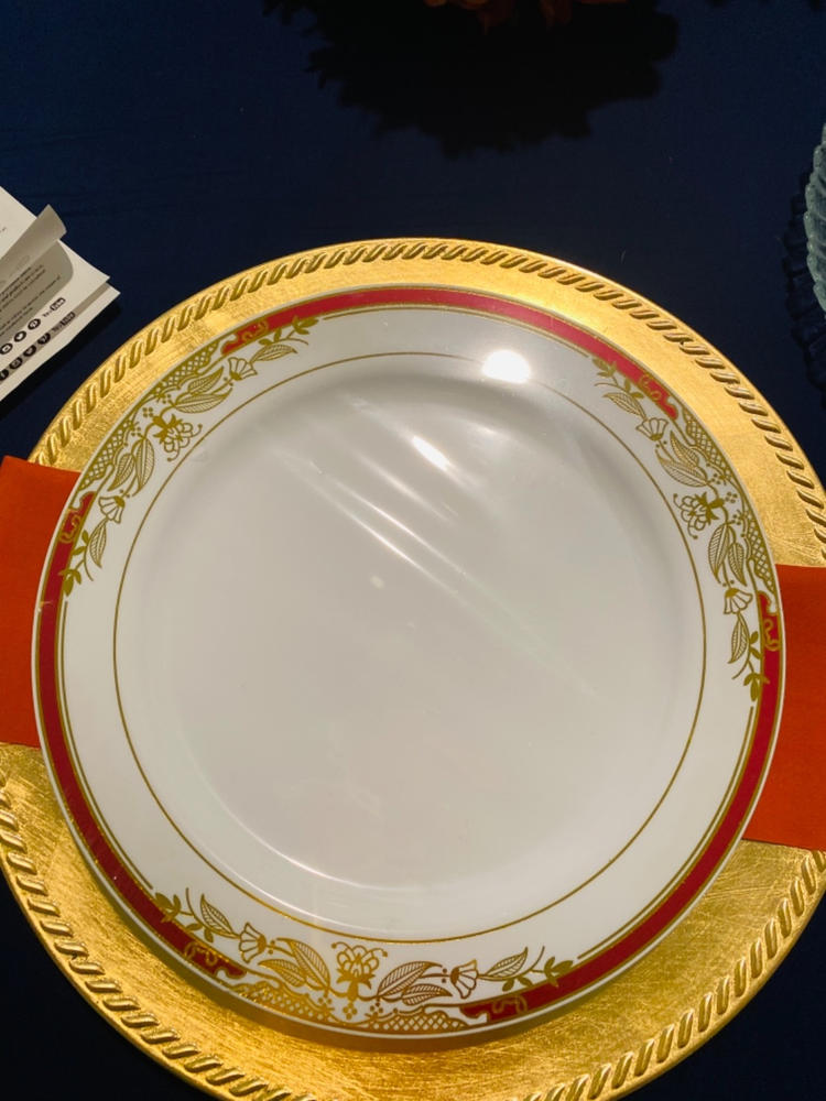 White with Burgundy and Gold Harmony Rim Plastic Dinner Plates (10.25") - Customer Photo From Maria Tata