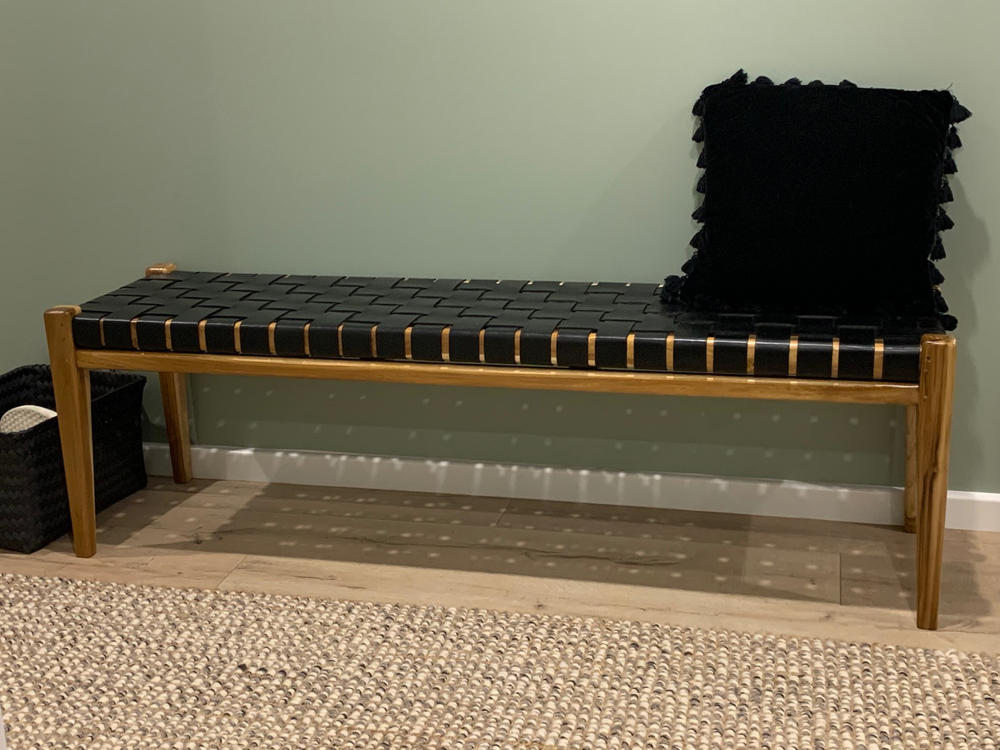 PRE ORDER  |  MALAND WOVEN LEATHER BENCH  |  BLACK LEATHER HIDE - Customer Photo From Debbie MacDonald