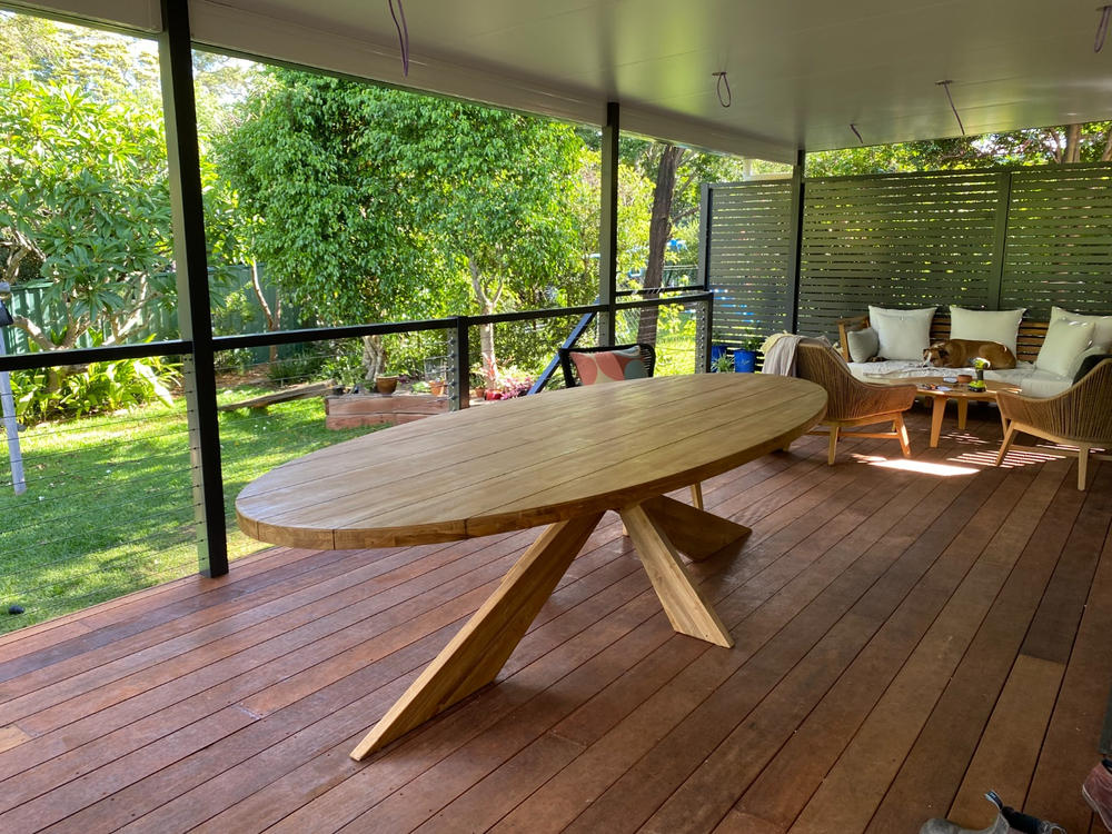 ASKIM OVAL SLATTED TOP TEAK OUTDOOR DINING TABLE  |  3.0M - Customer Photo From Emily Weller