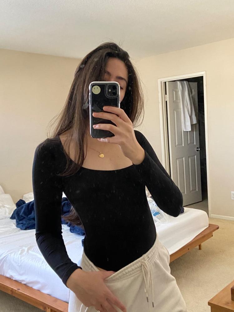 B357GD - Garment Dye Long Sleeve Squareneck Thong Bodysuit - Customer Photo From Belen Salto