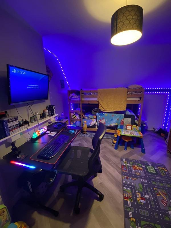 Olsen & Smith Xtreme Carbon Fibre Effect RGB PC Computer Gaming Desk with LED Lights, Controller Storage, Mouse Pad Headset Hook & Drinks Cup Holder Black - Customer Photo From Nicole
