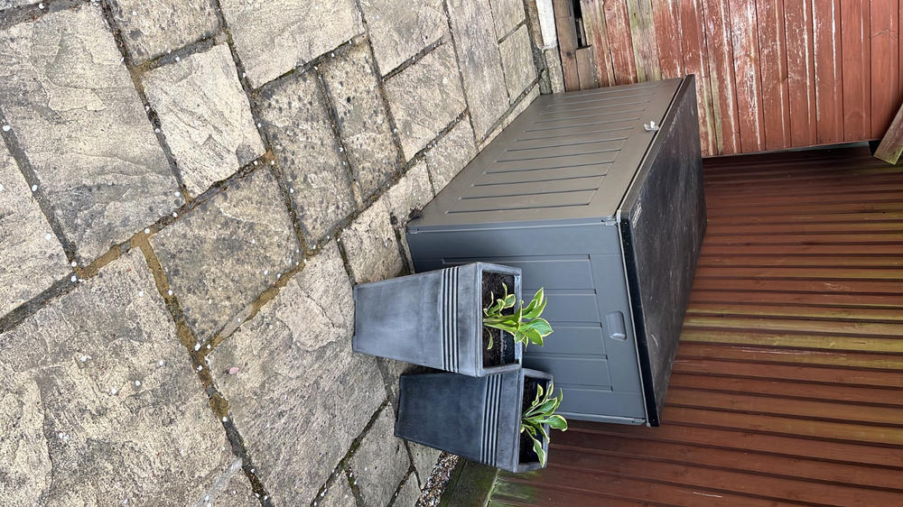 Olsen & Smith 830L MASSIVE Capacity Outdoor Garden Storage Box Plastic Shed - Weatherproof & Sit On with Wood Effect Chest - Customer Photo From Carole Austin
